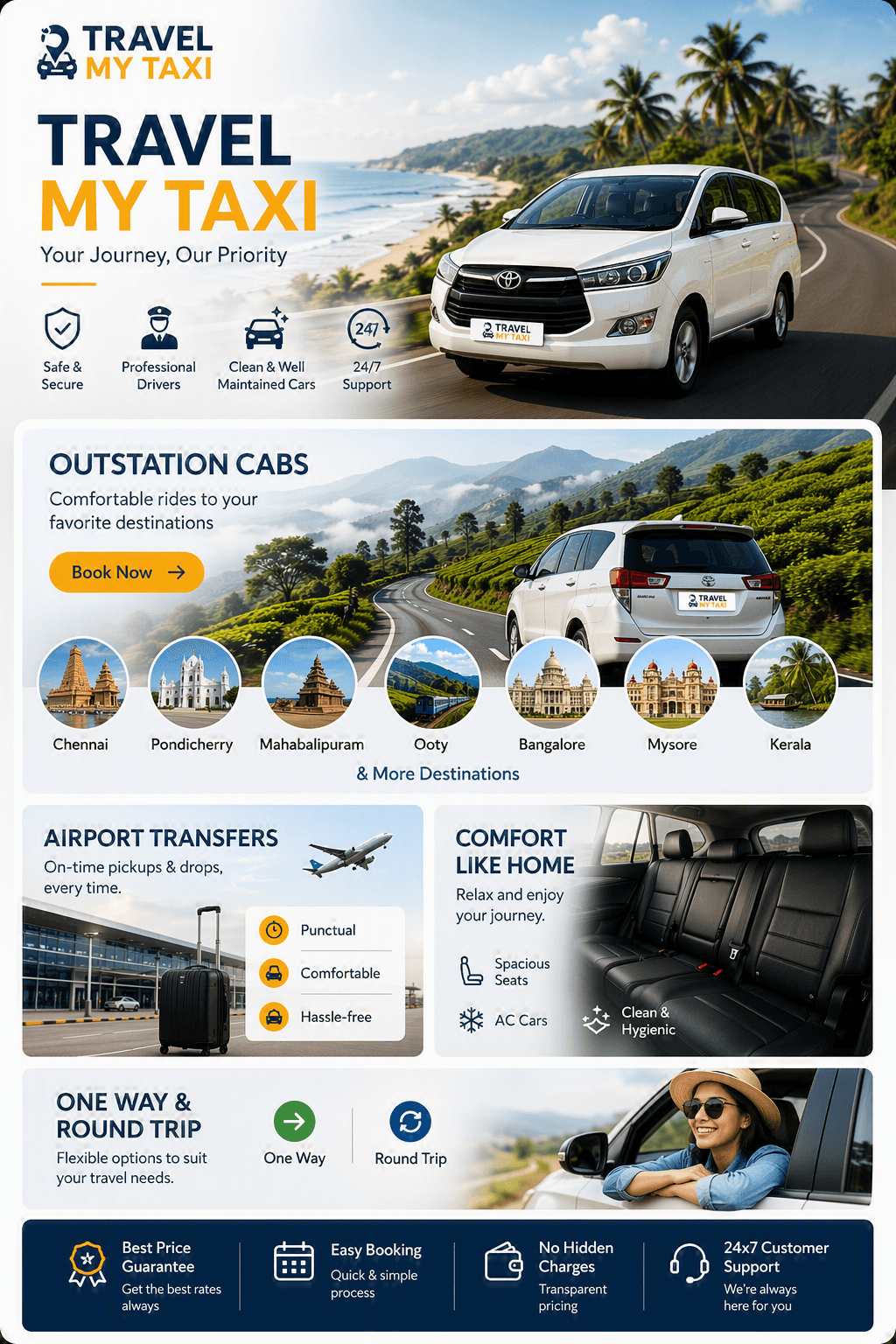Travel My Taxi — outstation cabs, airport transfers, one-way & round trip across South India