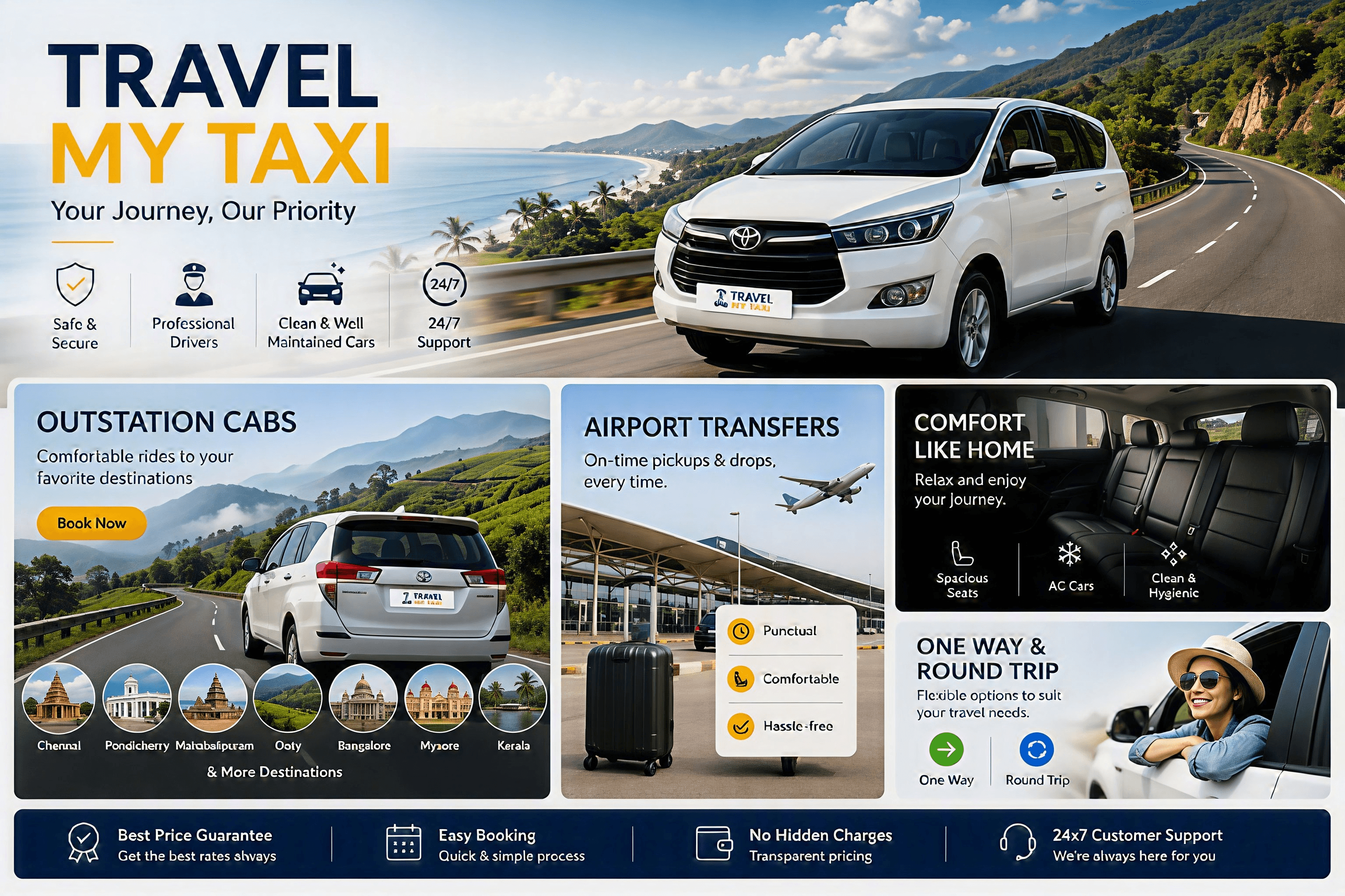 Travel My Taxi — outstation cabs, airport transfers, one-way & round trip across South India